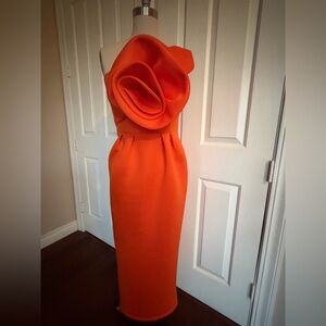 Orange One Shoulder Big Flower Rose Party Dress Size S
